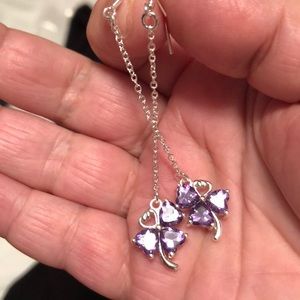 Silver plated hanging  purple clover earrings